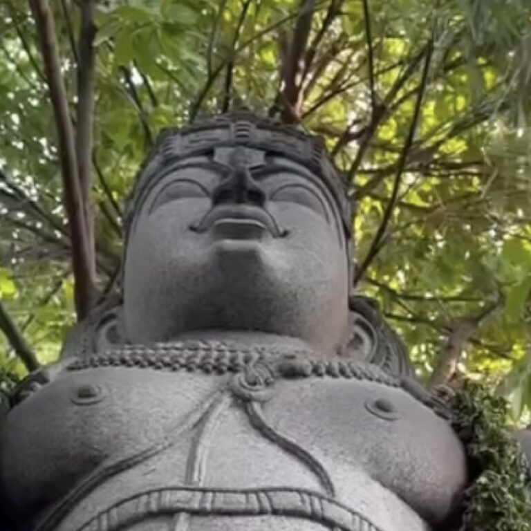 Garlanded stone deity statue beneath tree canopy at Sri Narayani Peedam, Vellore, Tamil Nadu